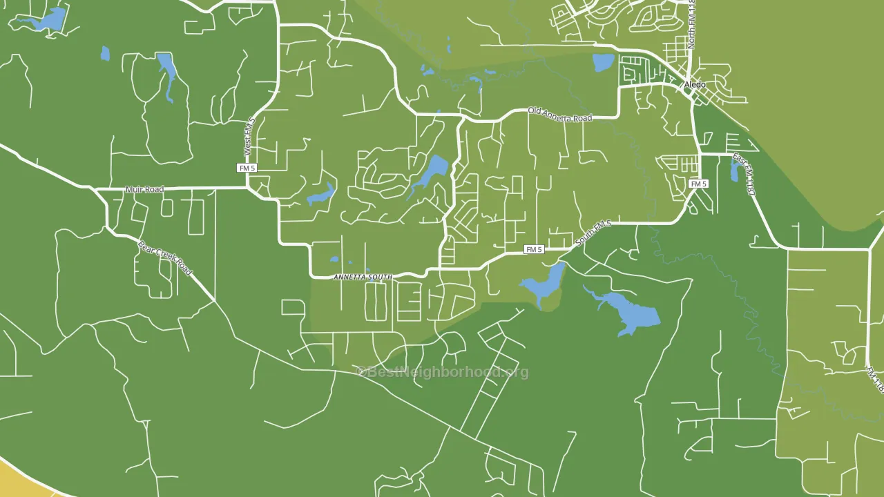 Map of the best neighborhoods in the Annetta South area, with better matches in green and worse matches in red