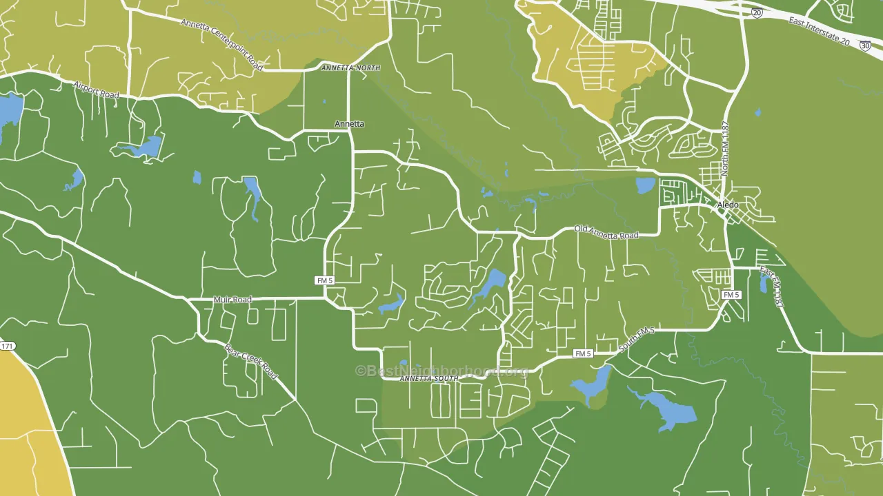 Map of the best neighborhoods in the Annetta area, with better matches in green and worse matches in red