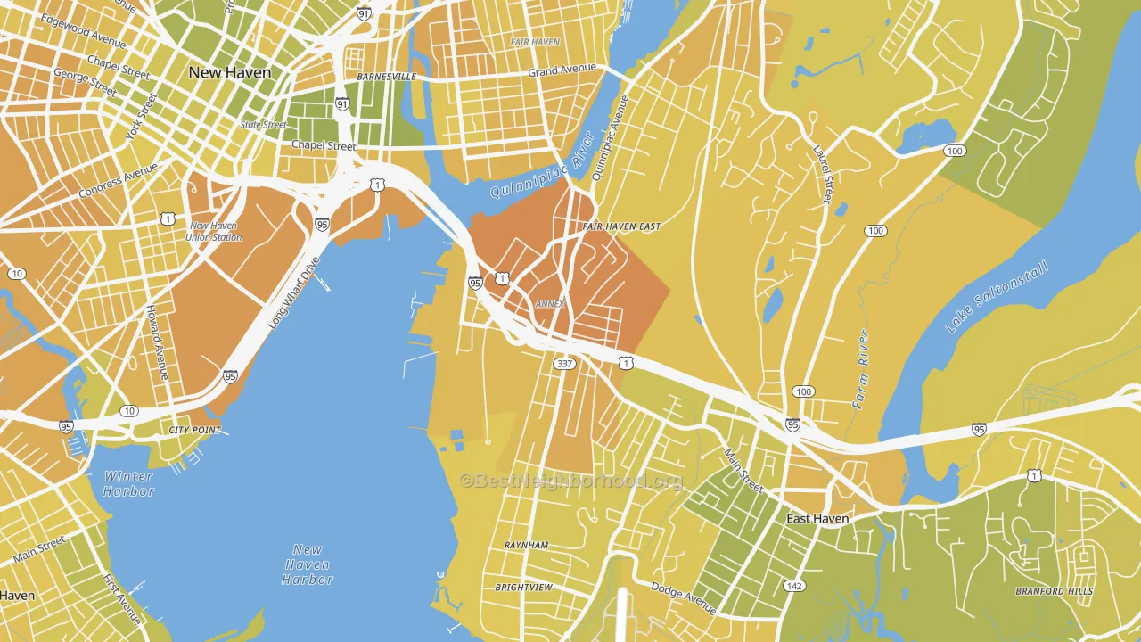 Map of the best neighborhoods in the Annex, East Haven area, with better matches in green and worse matches in red