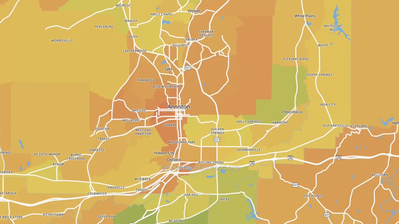 Map of the best neighborhoods in the Anniston Metro area, with better matches in green and worse matches in red