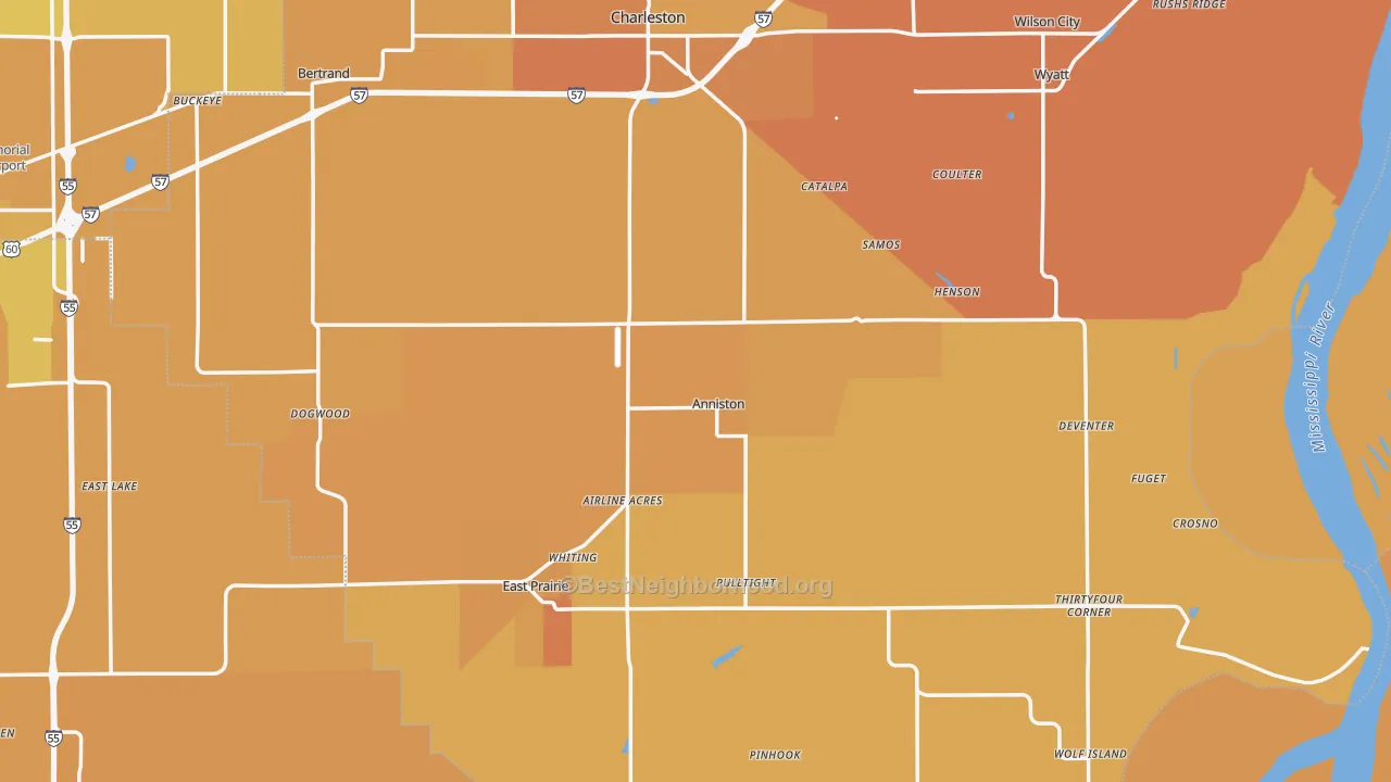 Map of the best neighborhoods in the Anniston area, with better matches in green and worse matches in red