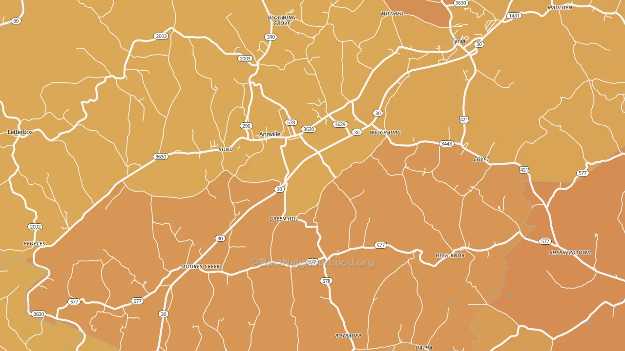 Map of the best neighborhoods in the Annville area, with better matches in green and worse matches in red