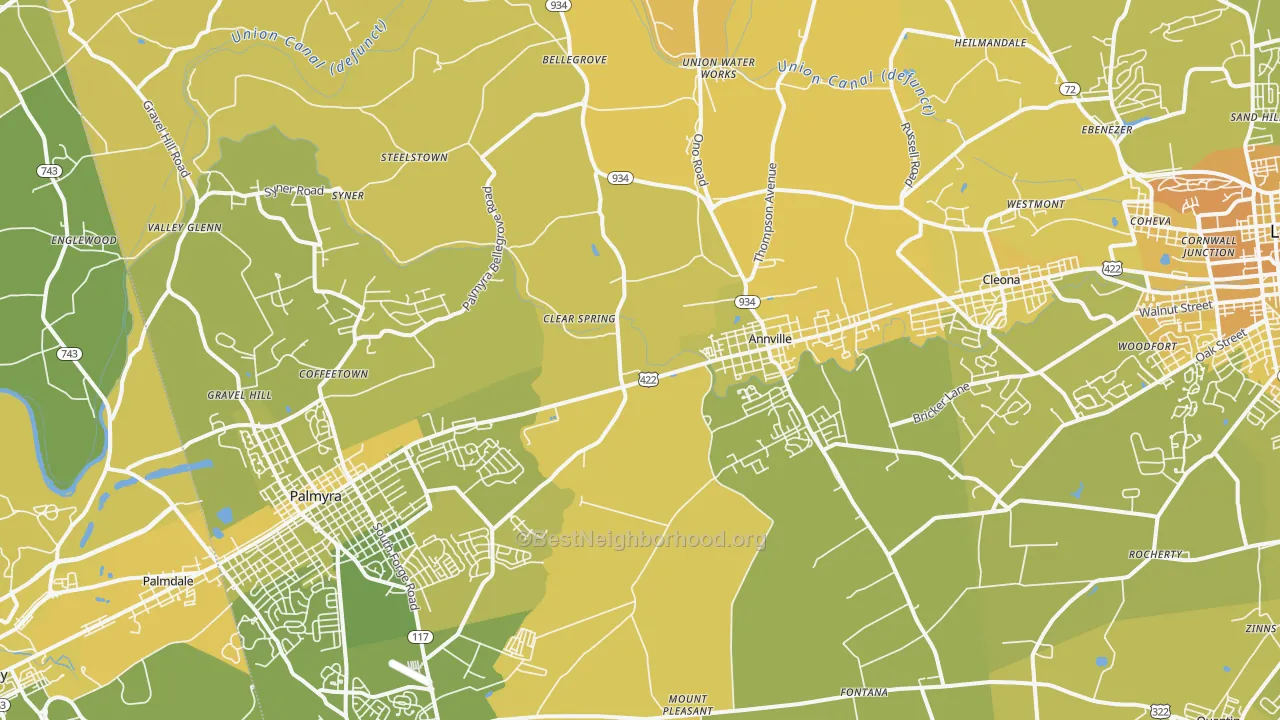Map of the best neighborhoods in the Annville area, with better matches in green and worse matches in red