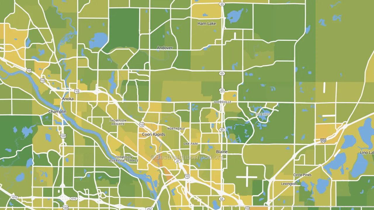 Map of the best neighborhoods in the Anoka County area, with better matches in green and worse matches in red