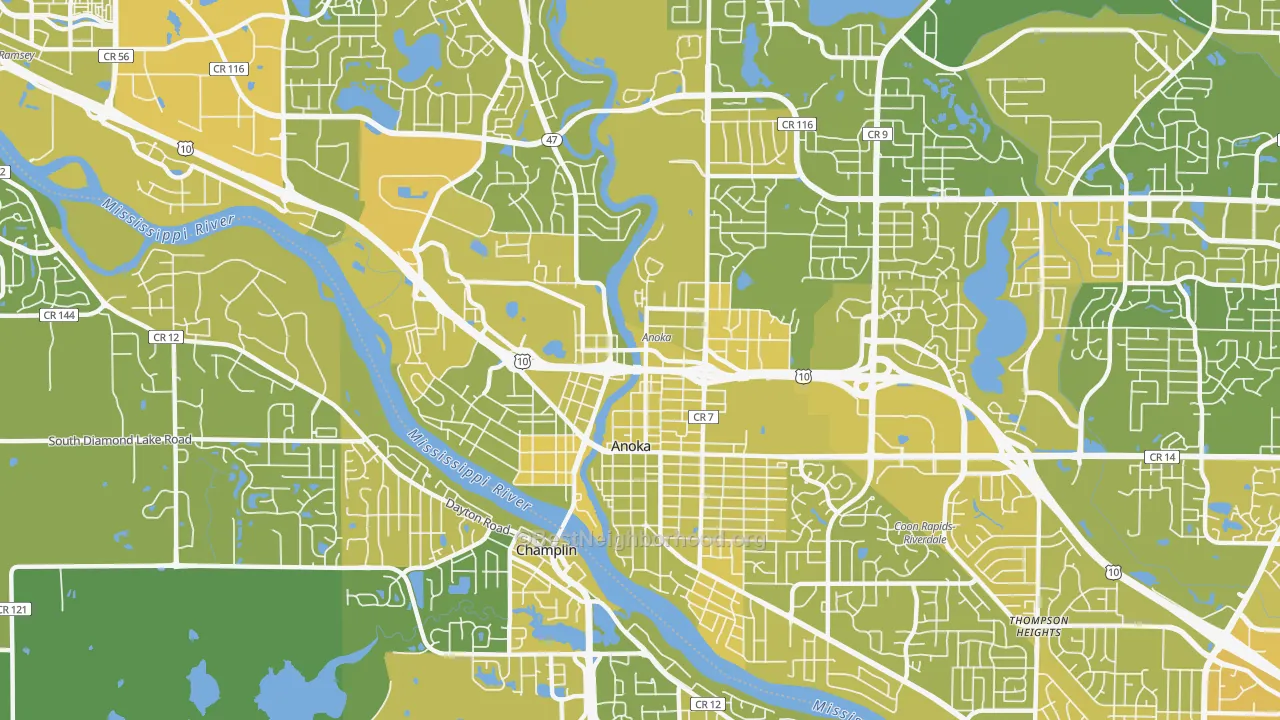 Map of the best neighborhoods in the Anoka area, with better matches in green and worse matches in red