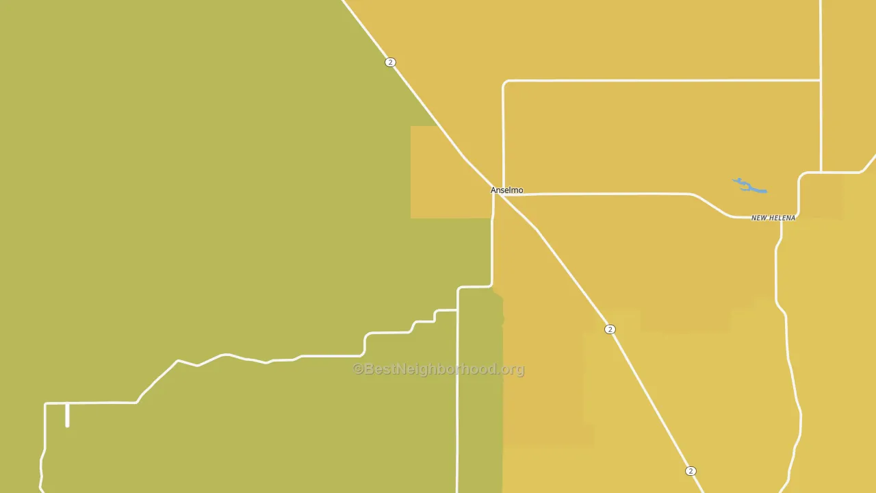 Map of the best neighborhoods in the Anselmo area, with better matches in green and worse matches in red