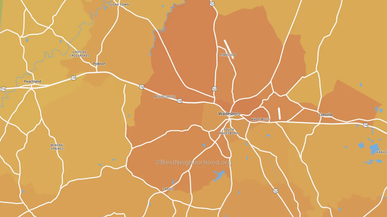 Map of the best neighborhoods in the Anson County area, with better matches in green and worse matches in red