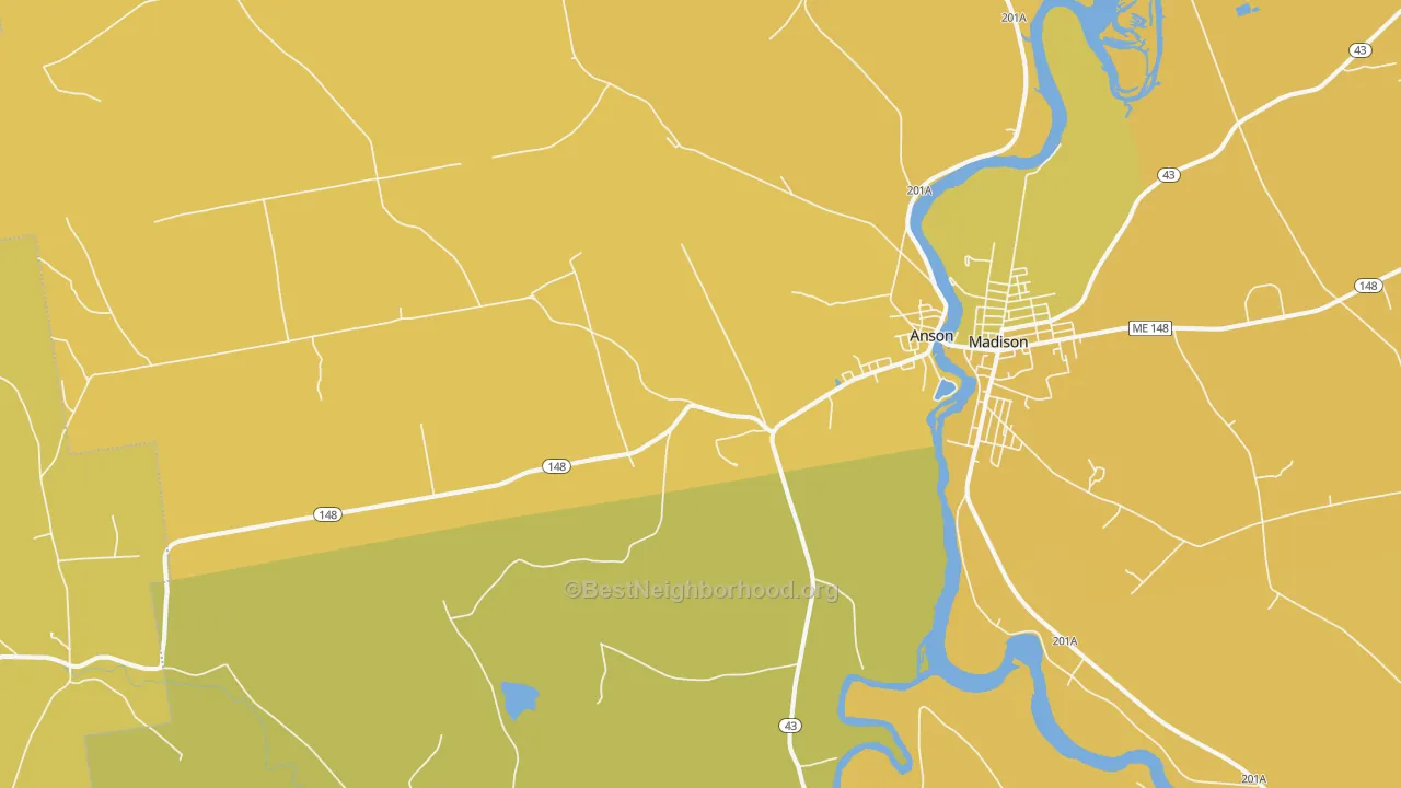 Map of the best neighborhoods in the Anson area, with better matches in green and worse matches in red