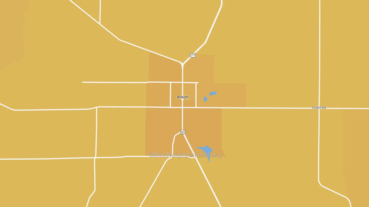 Map of the best neighborhoods in the Anson area, with better matches in green and worse matches in red
