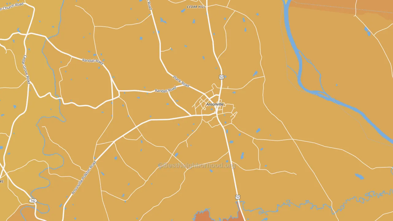 Map of the best neighborhoods in the Ansonville area, with better matches in green and worse matches in red