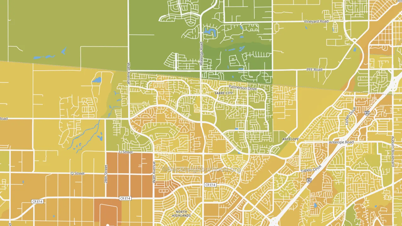 Map of the best neighborhoods in the Antelope area, with better matches in green and worse matches in red