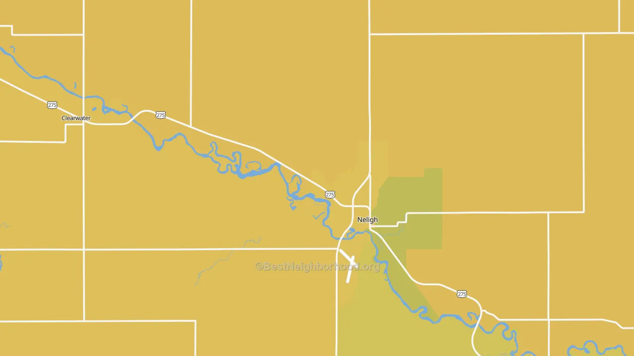 Map of the best neighborhoods in the Antelope County area, with better matches in green and worse matches in red