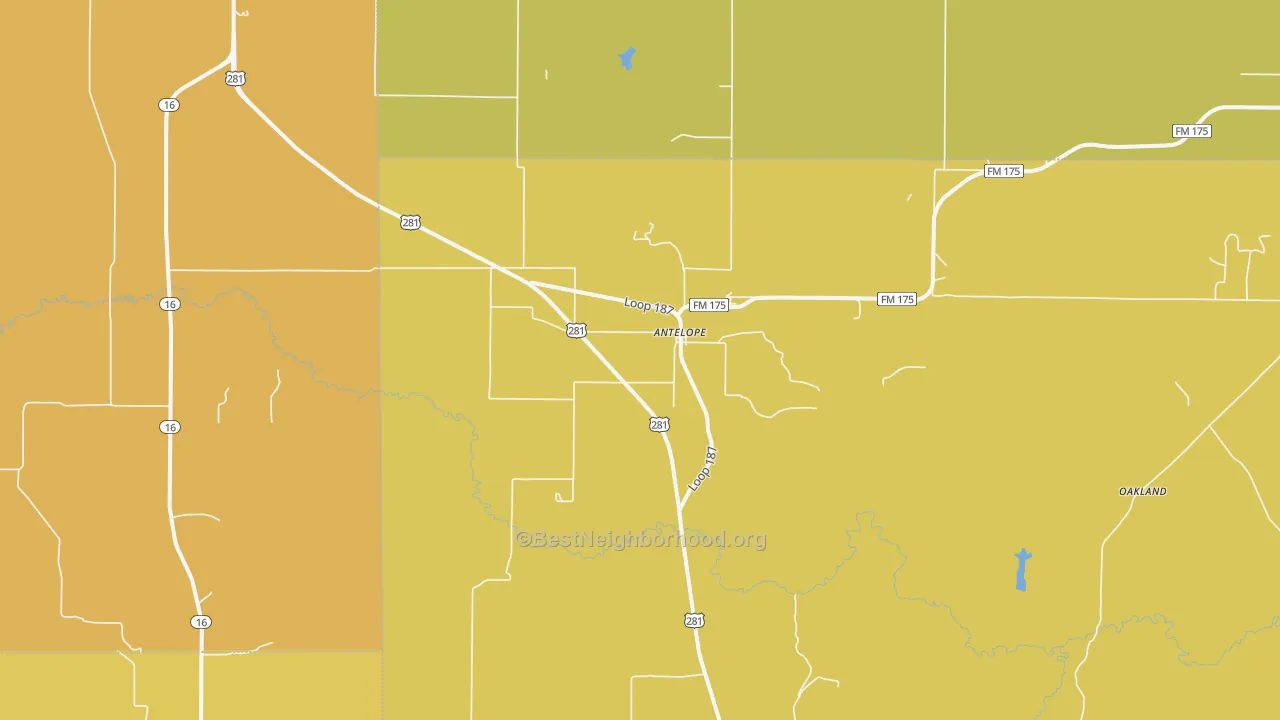Map of the best neighborhoods in the Antelope area, with better matches in green and worse matches in red