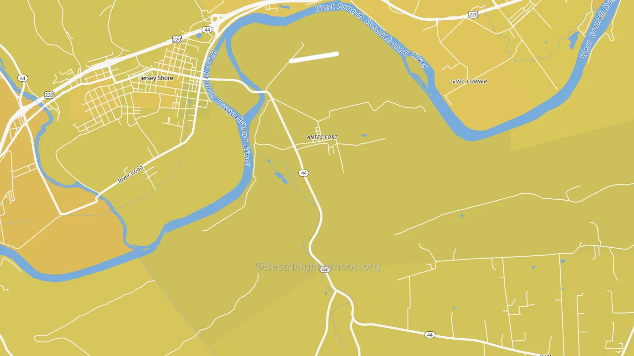 Map of the best neighborhoods in the Antes Fort area, with better matches in green and worse matches in red