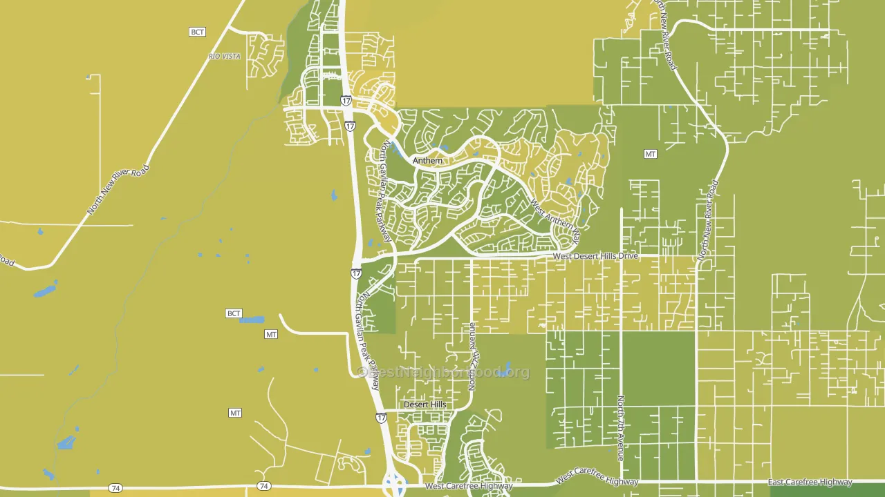 Map of the best neighborhoods in the Anthem area, with better matches in green and worse matches in red