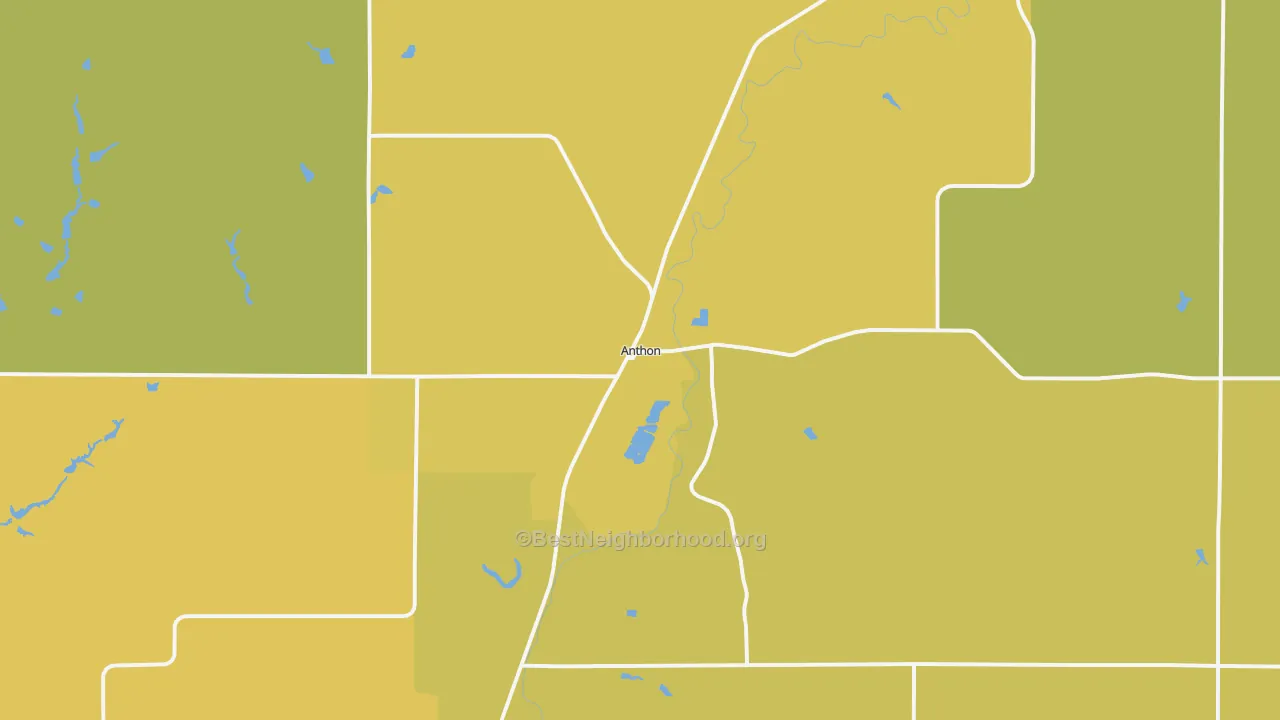 Map of the best neighborhoods in the Anthon area, with better matches in green and worse matches in red