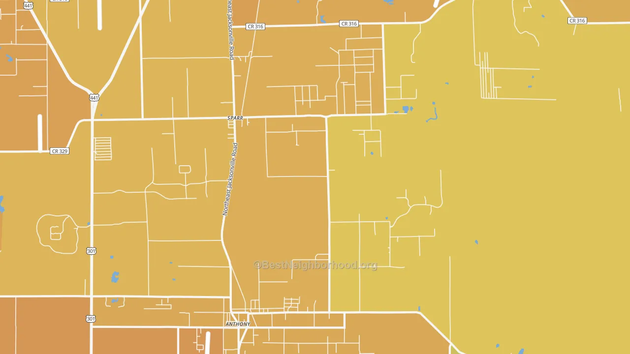 Map of the best neighborhoods in the Anthony area, with better matches in green and worse matches in red