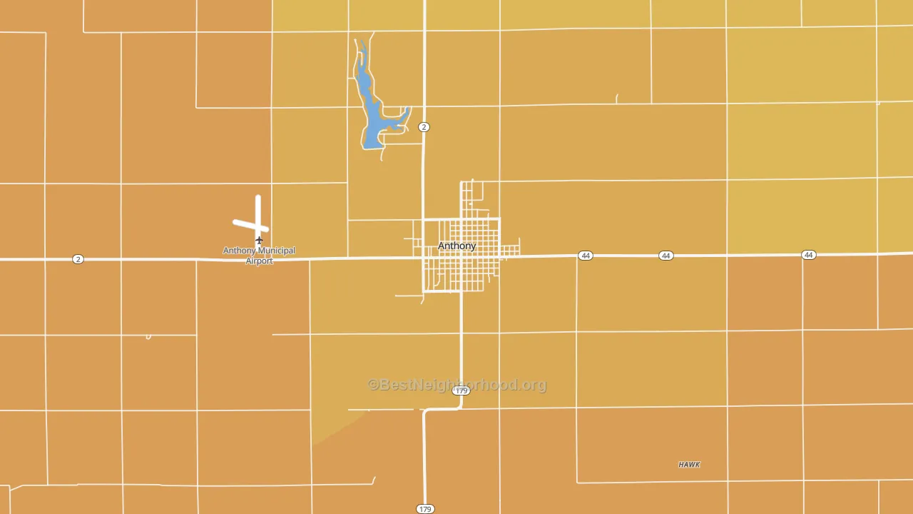 Map of the best neighborhoods in the Anthony area, with better matches in green and worse matches in red