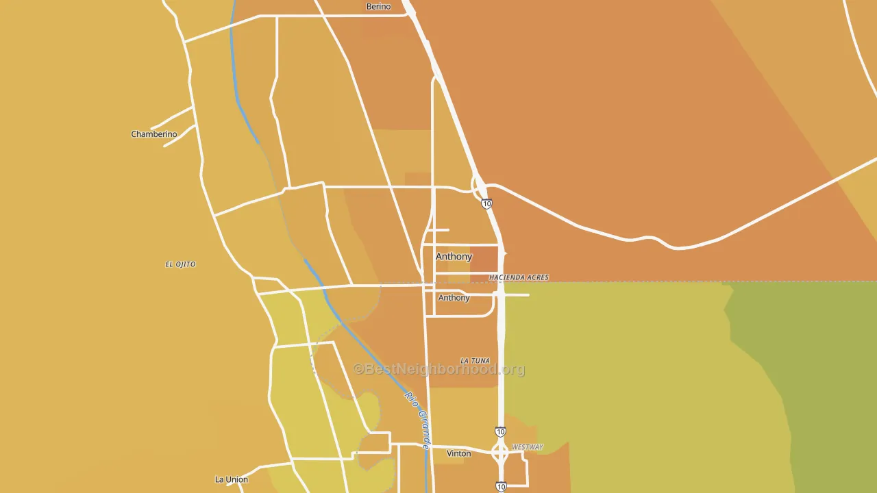 Map of the best neighborhoods in the Anthony area, with better matches in green and worse matches in red