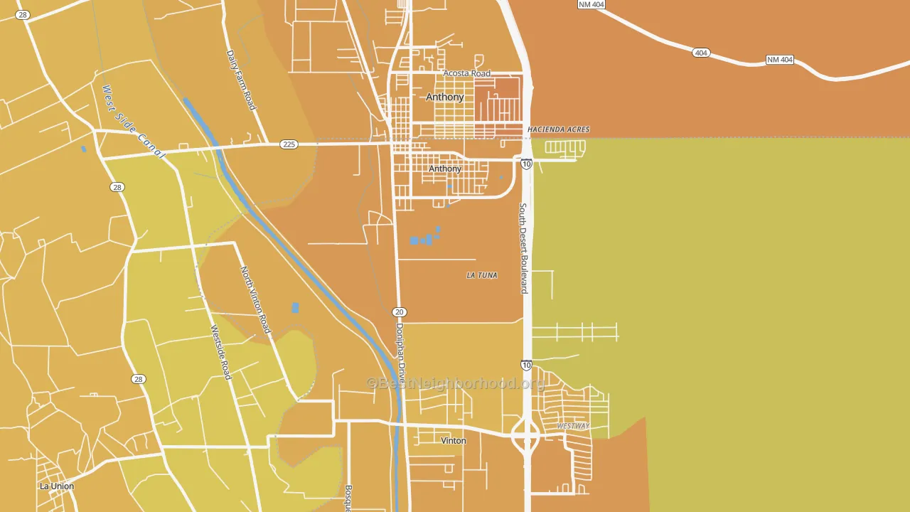 Map of the best neighborhoods in the Anthony area, with better matches in green and worse matches in red