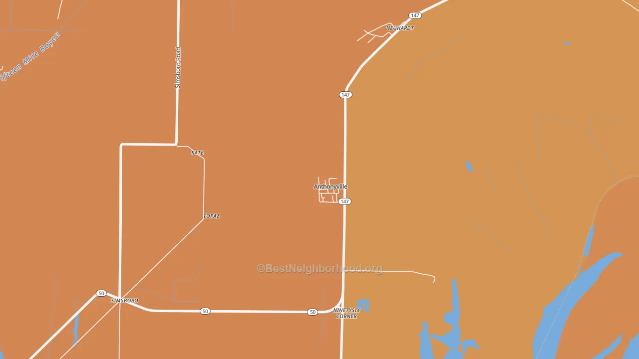 Map of the best neighborhoods in the Anthonyville area, with better matches in green and worse matches in red