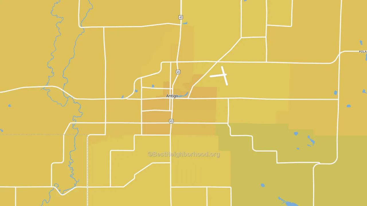 Map of the best neighborhoods in the Antigo area, with better matches in green and worse matches in red