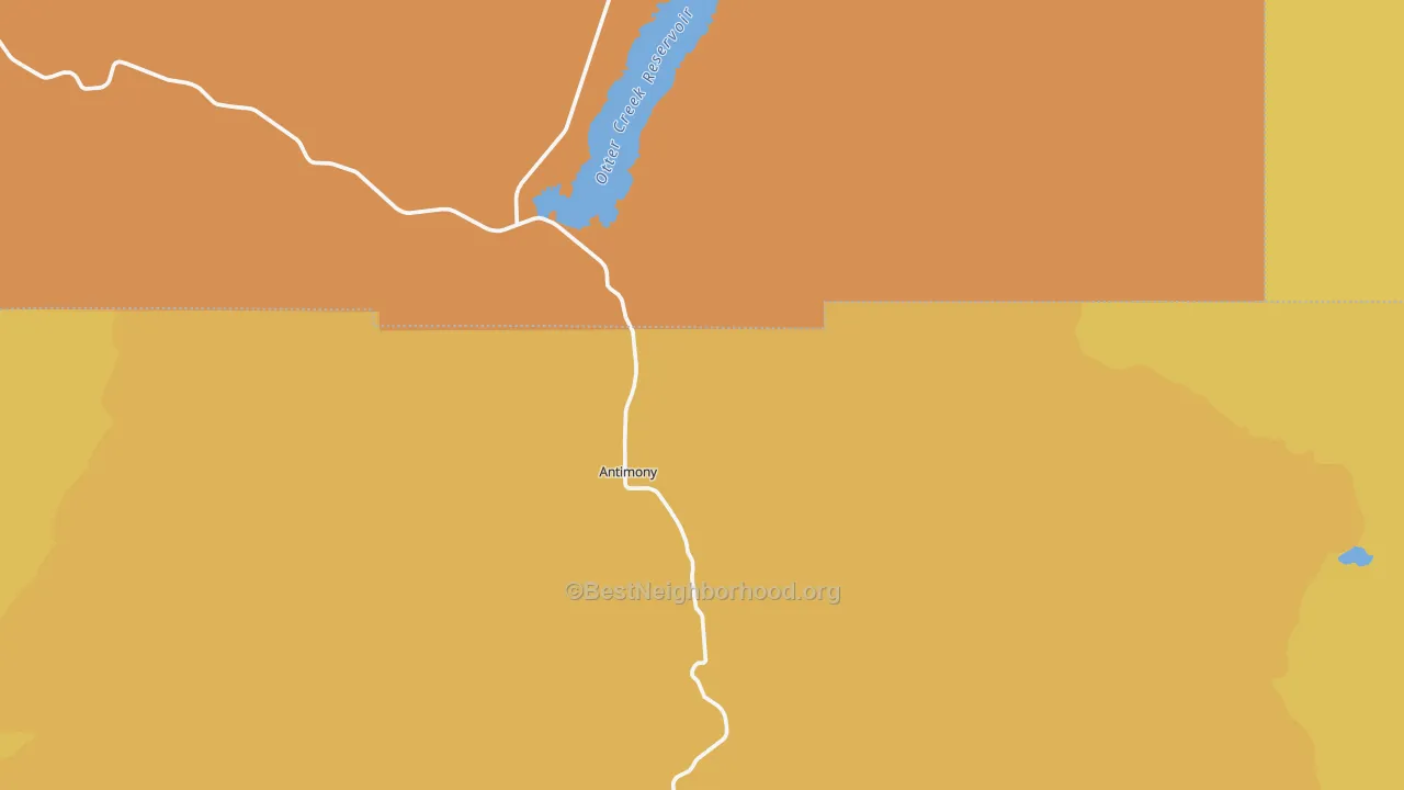 Map of the best neighborhoods in the Antimony area, with better matches in green and worse matches in red