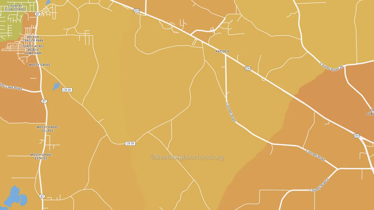Map of the best neighborhoods in the Antioch area, with better matches in green and worse matches in red
