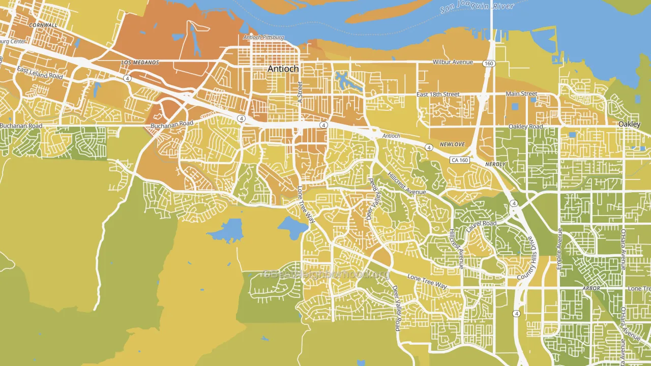 Map of the best neighborhoods in the Antioch area, with better matches in green and worse matches in red