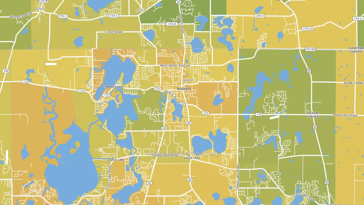Map of the best neighborhoods in the Antioch area, with better matches in green and worse matches in red
