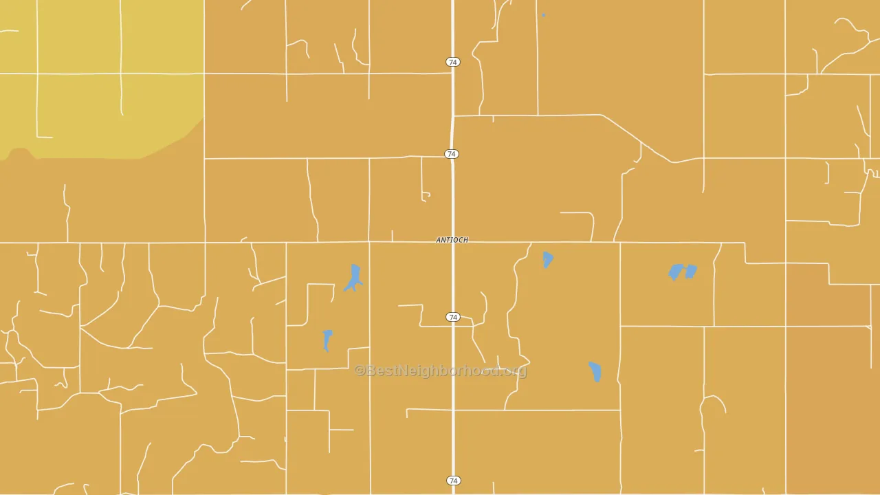 Map of the best neighborhoods in the Antioch area, with better matches in green and worse matches in red