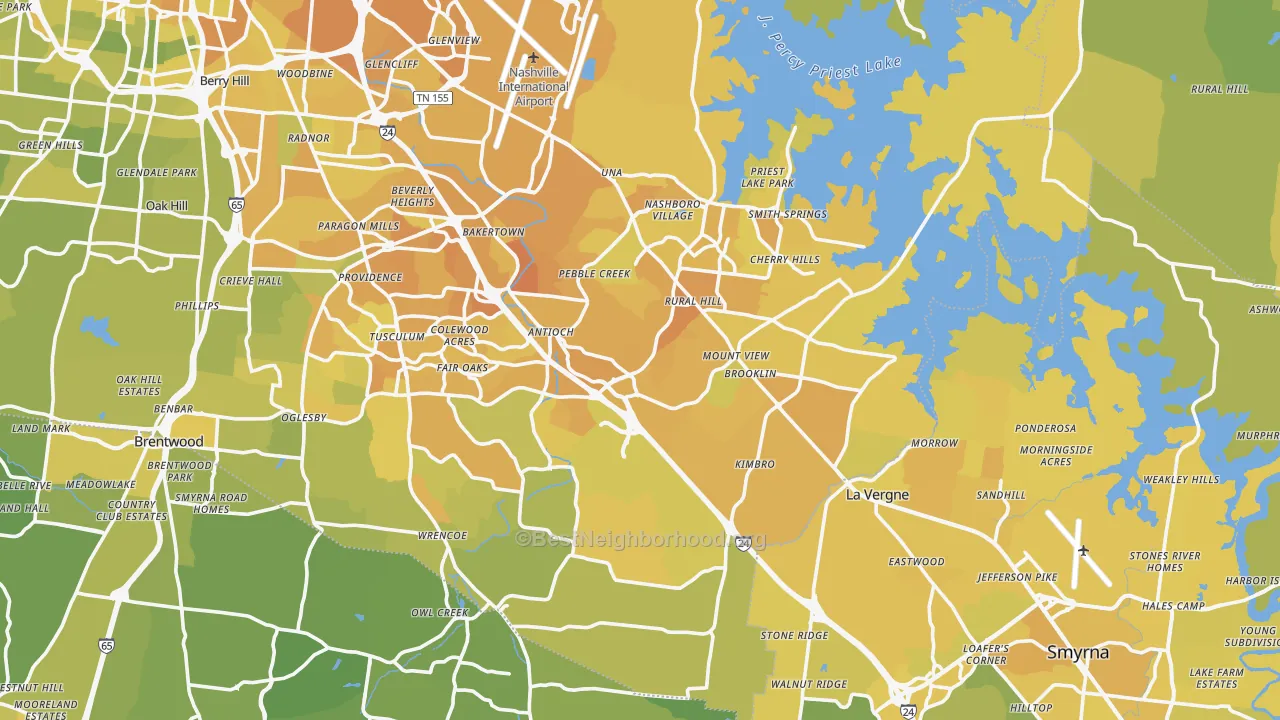 Map of the best neighborhoods in the Antioch area, with better matches in green and worse matches in red