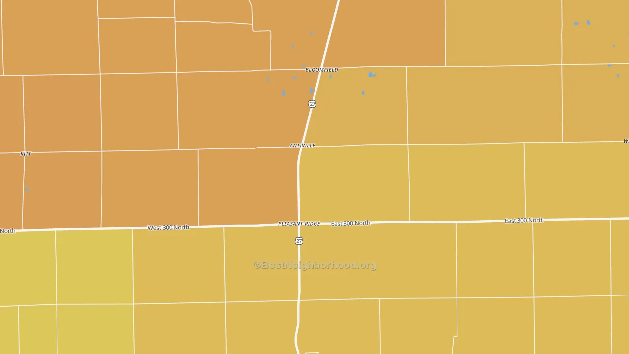 Map of the best neighborhoods in the Antiville area, with better matches in green and worse matches in red