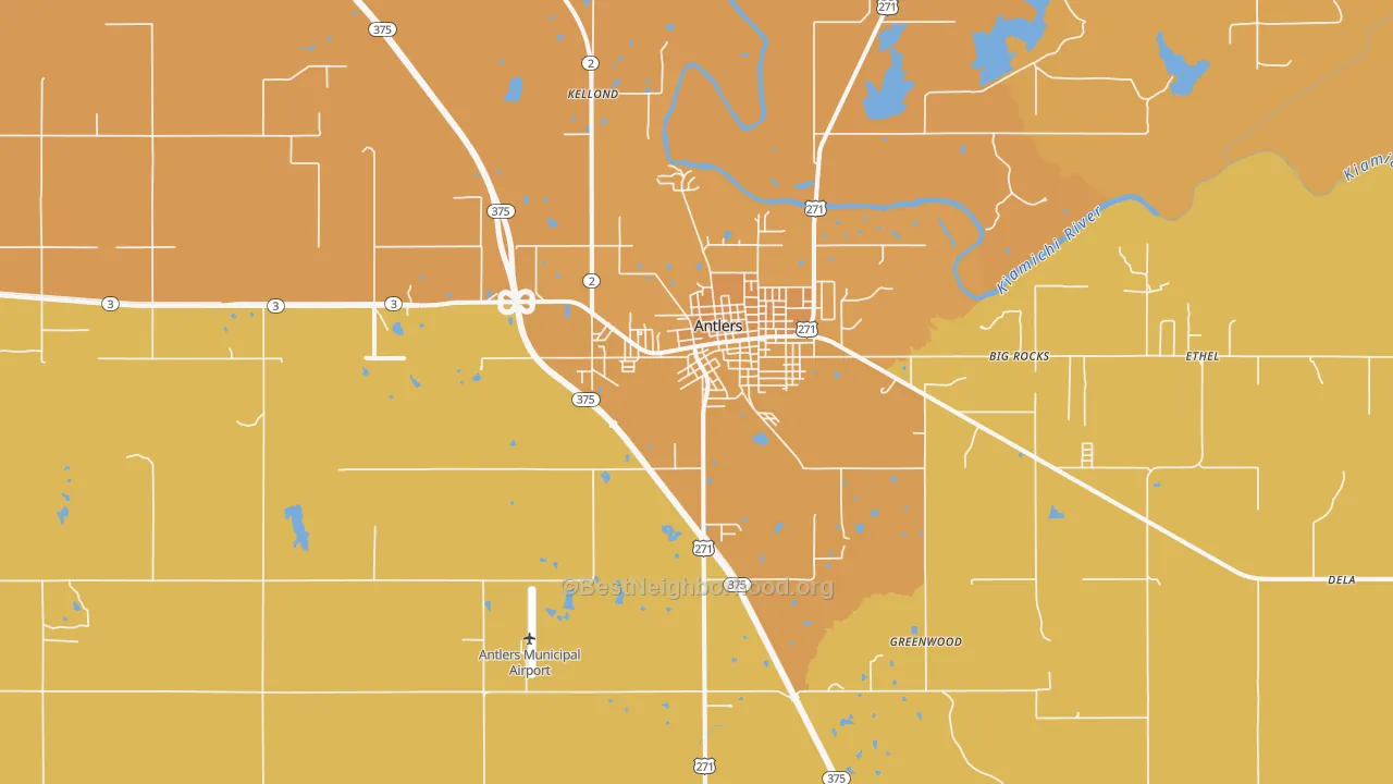 Map of the best neighborhoods in the Antlers area, with better matches in green and worse matches in red