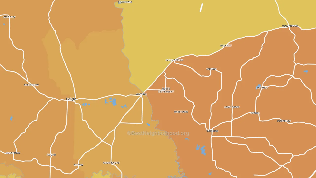 Map of the best neighborhoods in the Antoine area, with better matches in green and worse matches in red