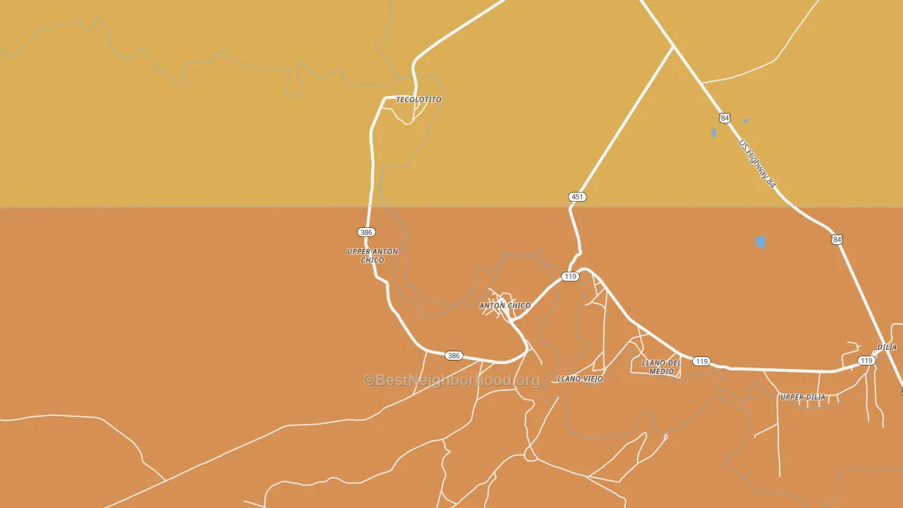 Map of the best neighborhoods in the Anton Chico area, with better matches in green and worse matches in red