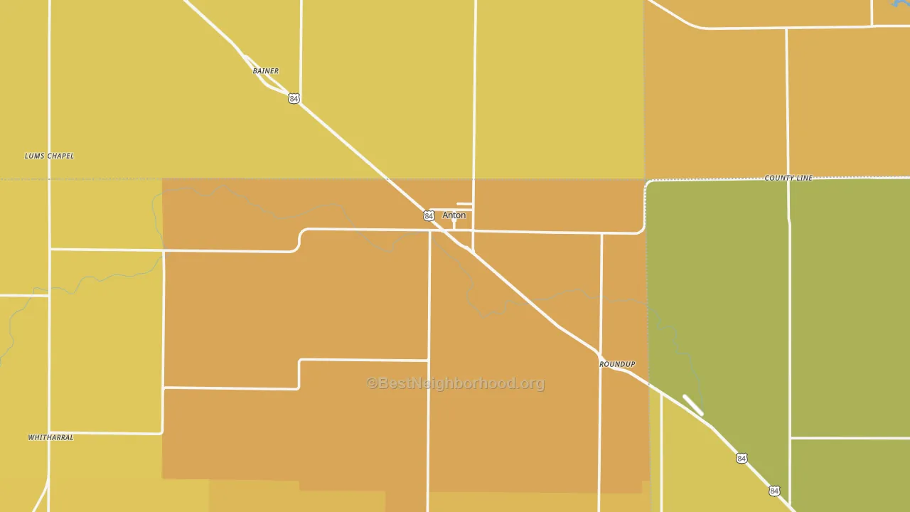 Map of the best neighborhoods in the Anton area, with better matches in green and worse matches in red
