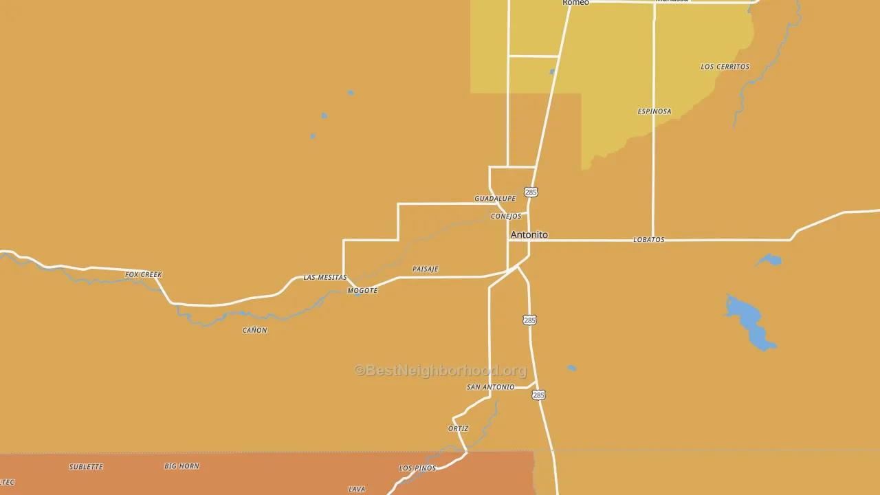 Map of the best neighborhoods in the Antonito area, with better matches in green and worse matches in red
