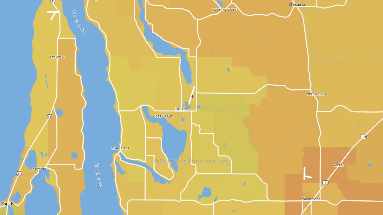 Map of the best neighborhoods in the Antrim County area, with better matches in green and worse matches in red