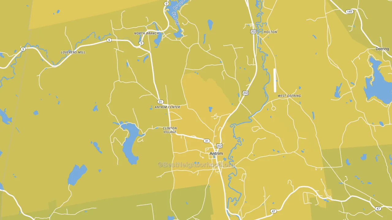 Map of the best neighborhoods in the Antrim area, with better matches in green and worse matches in red