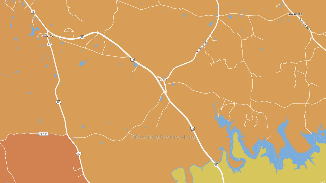 Map of the best neighborhoods in the Aonia area, with better matches in green and worse matches in red