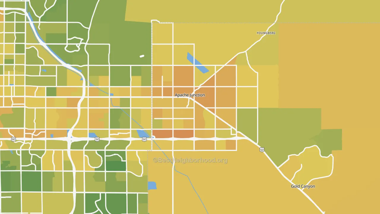Map of the best neighborhoods in the Apache Junction area, with better matches in green and worse matches in red