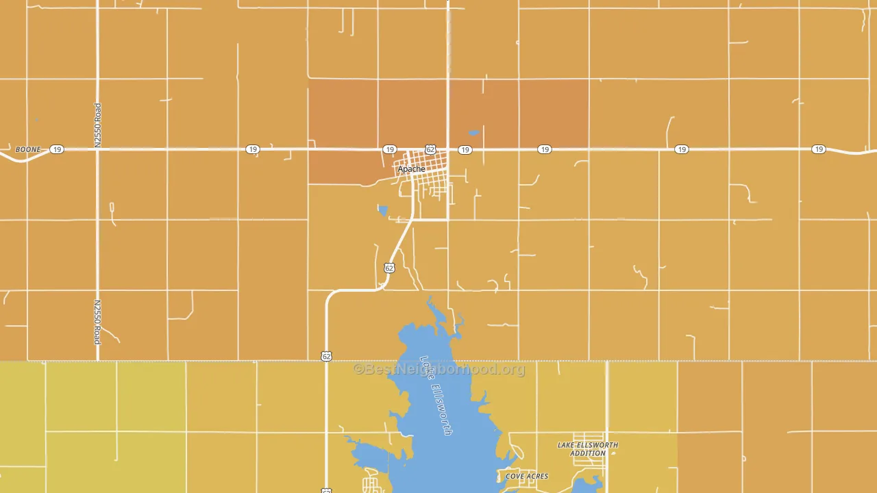Map of the best neighborhoods in the Apache area, with better matches in green and worse matches in red