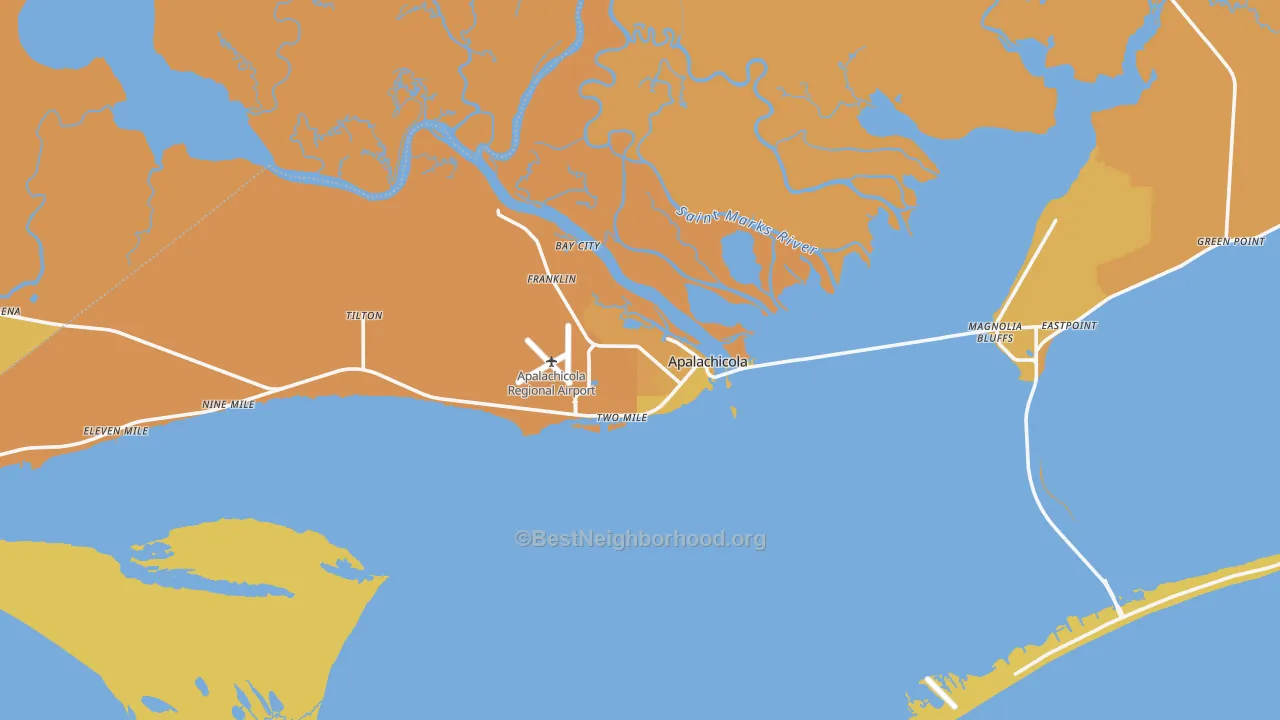 Map of the best neighborhoods in the Apalachicola area, with better matches in green and worse matches in red