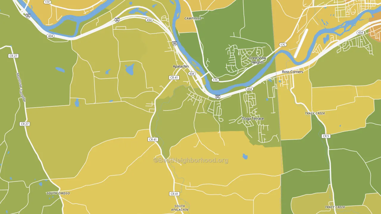 Map of the best neighborhoods in the Apalachin area, with better matches in green and worse matches in red