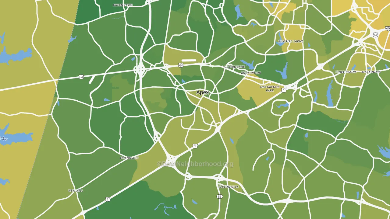 Map of the best neighborhoods in the Apex area, with better matches in green and worse matches in red