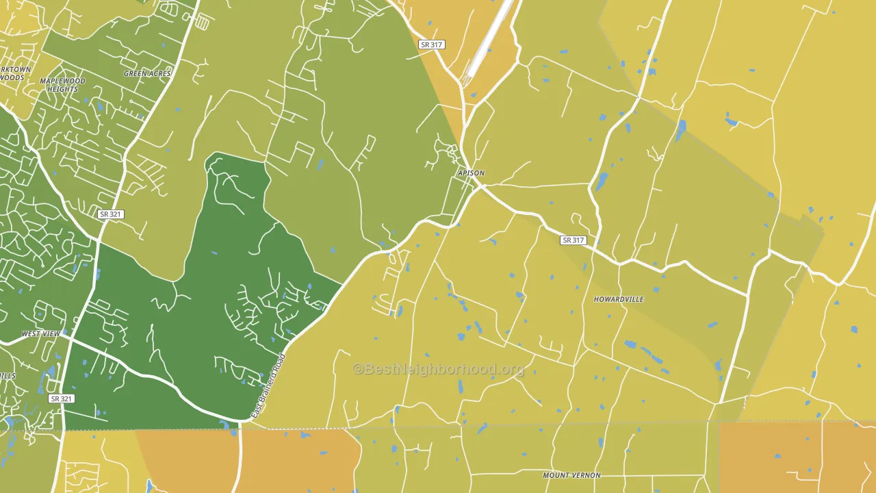 Map of the best neighborhoods in the Apison area, with better matches in green and worse matches in red