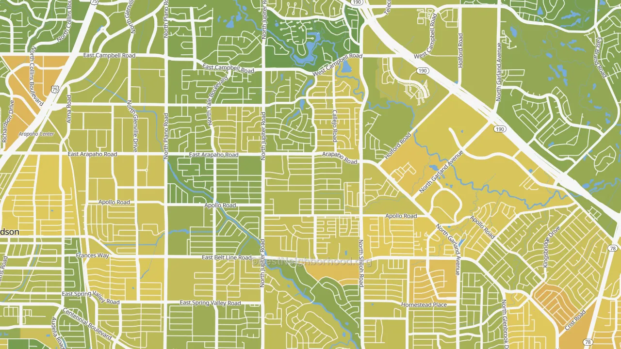 Map of the best neighborhoods in the Apollo Arapaho and Camelot, Garland area, with better matches in green and worse matches in red