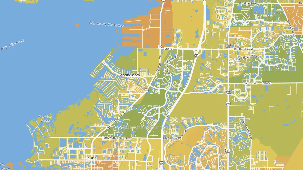Map of the best neighborhoods in the Apollo Beach area, with better matches in green and worse matches in red