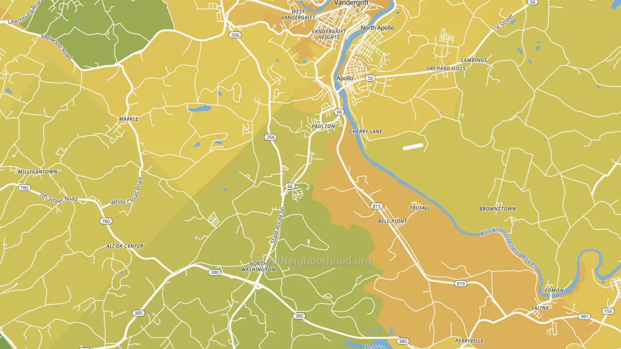 Map of the best neighborhoods in the Apollo area, with better matches in green and worse matches in red